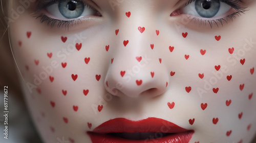 Frau mit roten Make-up-Herzen im Gesicht