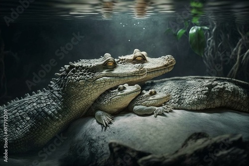 A heartwarming portrayal of crocodile motherhood, showcasing the strong bond between parents and offspring in the animal kingdom. Generative AI