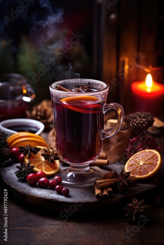 Aromatic hot mulled wine in glass cap with spices and citrus fruit on a table. Snow in evening. Concept of festive atmosphere and cozy winter mood. Traditional hot Christmas drink