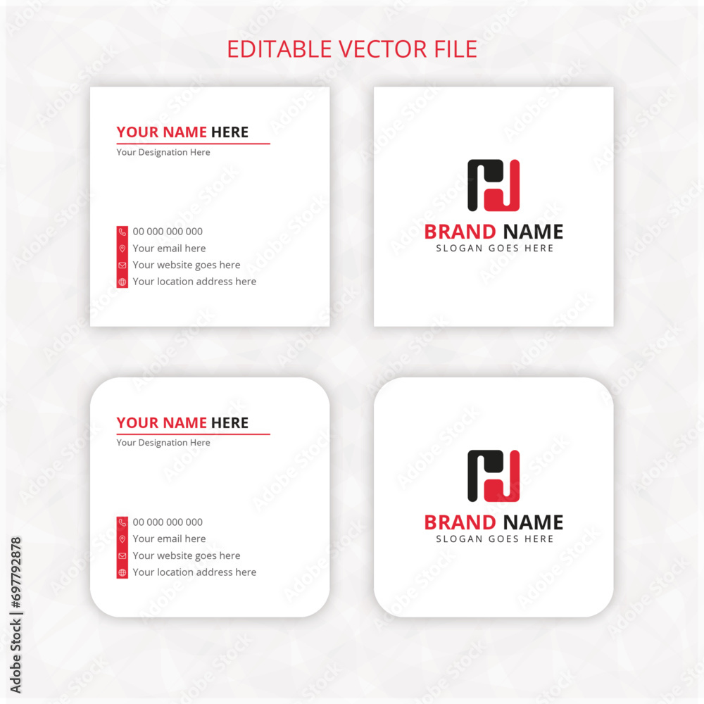 Print ready Square business card design template, square rounded name card mockup red color text background. clean name card rectangle with bleed.