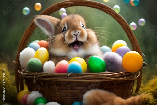 A delightful image of a bunny surrounded by Easter eggs in their basket, capturing the excitement and joy of the holiday. Generative AI