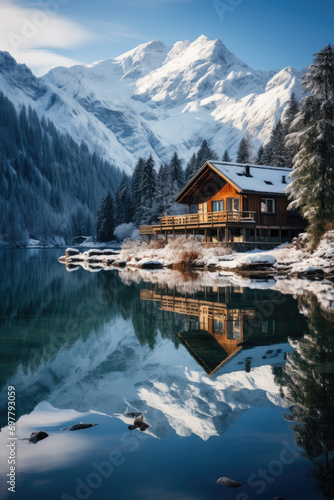 Wooden house by the lake in the mountains in winter time © stock_acc