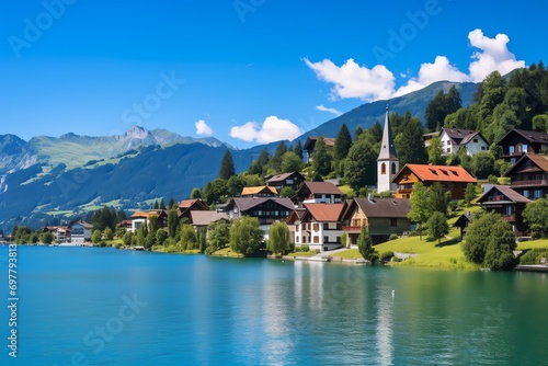 a body of water with houses and mountains in the background