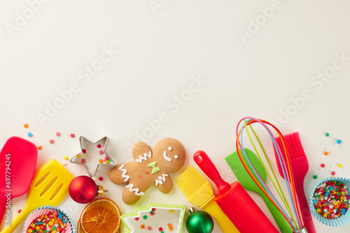 Idea behind making Christmas delicacies. Top view photo of gingerbread cookies, candies, baking utensils, baking pans, fir twigs, stars on light grey background with promo space