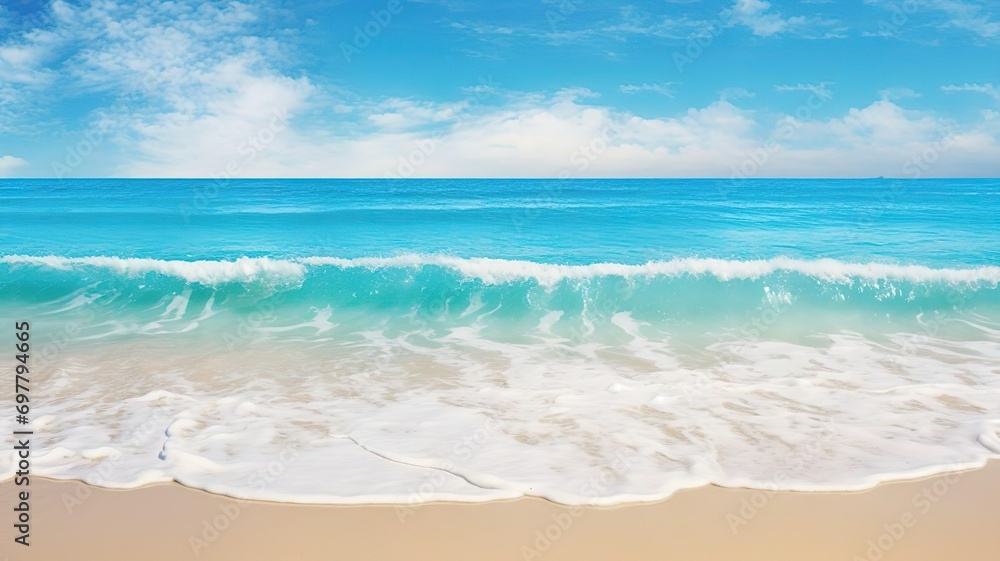 Tropical beach blue sky background with sea waves white sand.