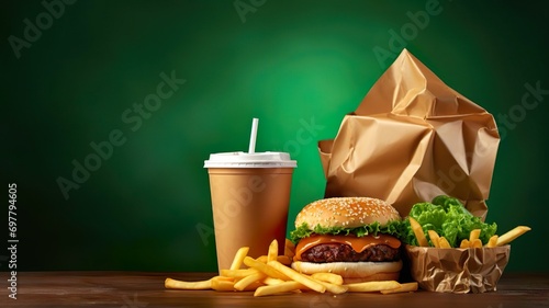 Fast food burger fries coke takeaway on a table background. photo