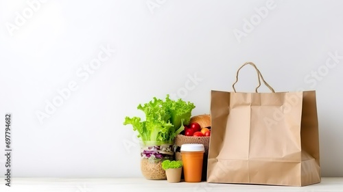 Natural healthy food with coffee cup on a wooden table, white studio background space for the text & heading banner.