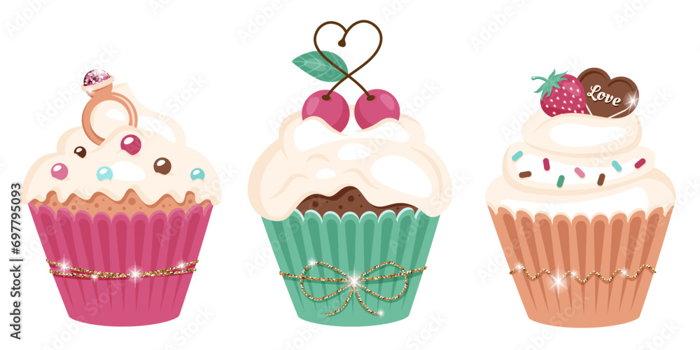 Set of festive sweet muffins with various frosting in paper cups and glitter ribbon. Tasty cupcakes with heart shaped chocolate, ring, cherry, cream, sprinkling. Romantic and wedding concept. Vector Set of festive sweet muffins with various frosting in paper cups and glitter ribbon. Tasty cupcakes with heart shaped chocolate, ring, cherry, cream, sprinkling. Romantic and wedding concept. Vector