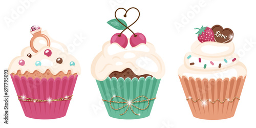 Set of festive sweet muffins with various frosting in paper cups and glitter ribbon. Tasty cupcakes with heart shaped chocolate, ring, cherry, cream, sprinkling. Romantic and wedding concept. Vector