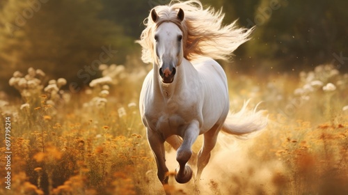  a white horse is galloping through a field of wildflowers with a blurry image of it s face.