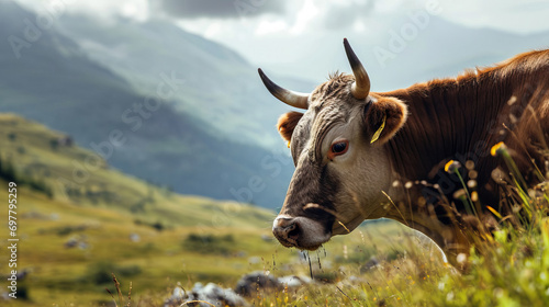 Cow on a pasture in a mountainous area.