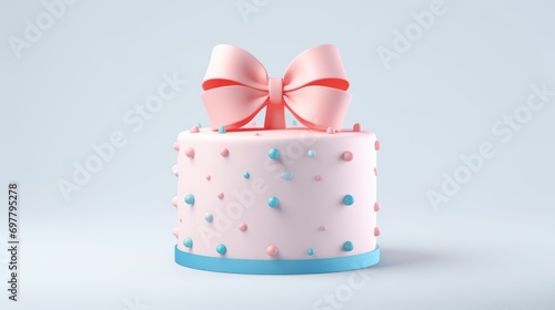  a pink cake with blue and pink sprinkles and a pink bow on top with a blue ribbon.