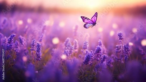 Beautiful purple lavender flowers and flying butterfly background. © Inventing Pixel. Inc