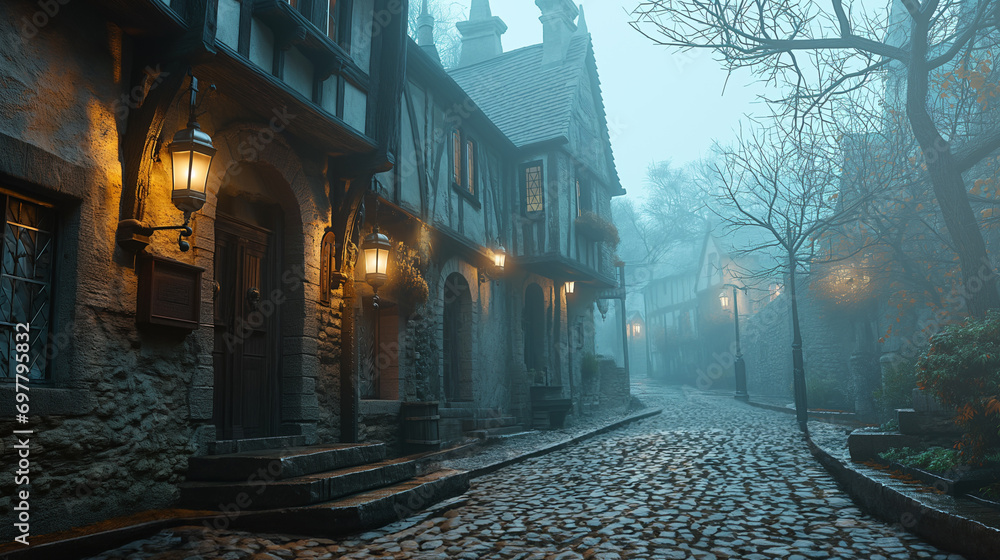foggy cobblestone street - mystery setting