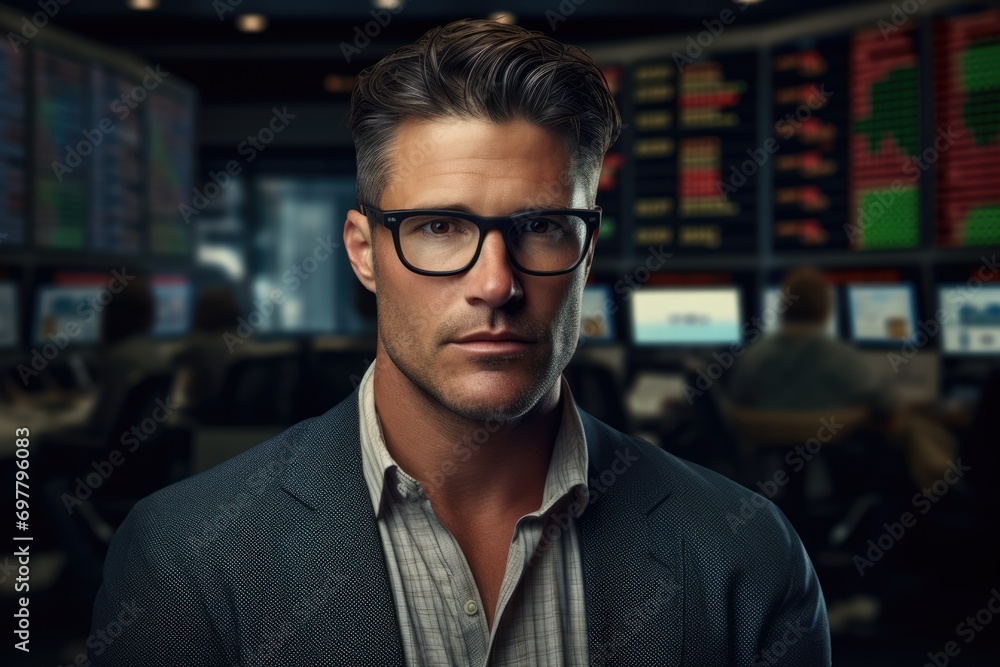 Fototapeta premium Successful businessman in glasses. Stock or forex trader by the screen with data. Wall Street trading. AI Generated