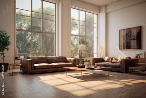 Luxurious interior design of a spacious open space living room with huge windows. AI Generated