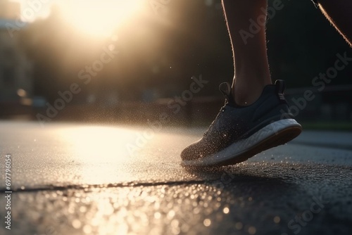 athlete running on road, close up on shoe in the morning sunlight. Generative AI