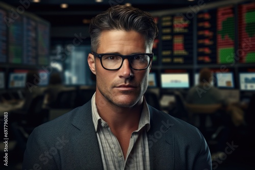Successful businessman in glasses. Stock or forex trader by the screen with data. Wall Street trading. AI Generated