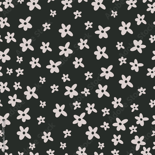 Seamless vector pattern in minimalistic style. Cute daisies on black background . Vector illustration