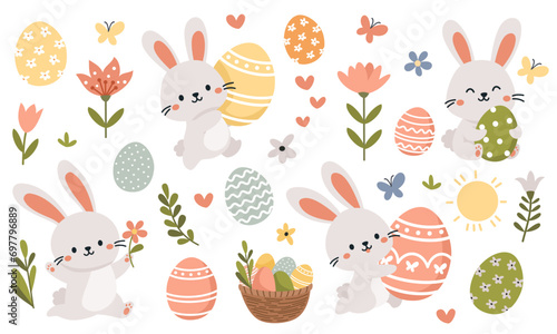 Set of flat vector illustrations for Easter day. Cute bunnies with Easter eggs, Easter basket and spring flowers . Vector illustration