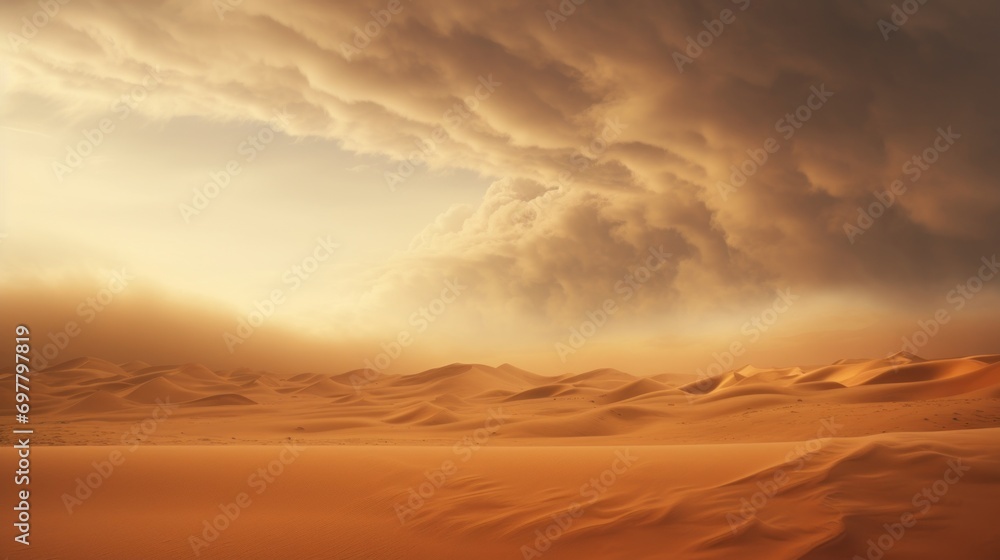  a desert landscape with sand dunes and a large storm cloud in the sky over the top of the sand dunes.