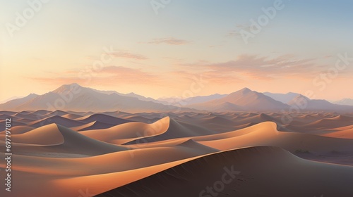  a painting of a desert landscape with mountains in the distance and sand dunes in the foreground in the foreground.