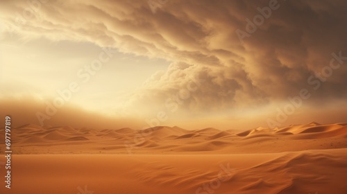  a desert landscape with sand dunes and a large storm cloud in the sky over the top of the sand dunes. © Anna