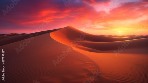 a sunset in the desert with a sand dune in the foreground and a red and blue sky in the background.