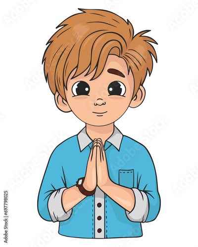 Cute praying boy teenager. Religious believer male character. Vector illustration.