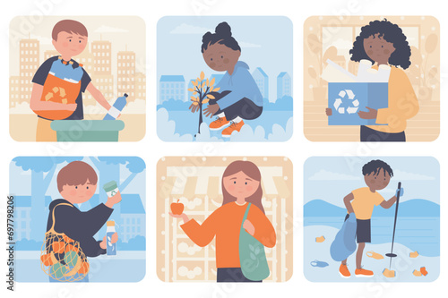 Eco friendly concept with people situation set in flat web design. Bundle scenes with multiethnic diverse characters of collecting trash, recycling plastic, planting tree, other. Vector illustrations.