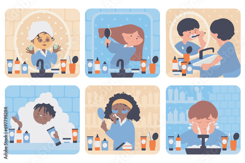Personal care concept with people situation set in flat web design. Bundle scenes with multiethnic diverse characters doing beauty treatments or hygiene routine in bathroom. Vector illustrations.