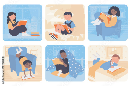 Children reading books concept with people situation set in flat web design. Bundle scenes with multiethnic diverse characters spend time with literature, pupils read textbook. Vector illustrations.