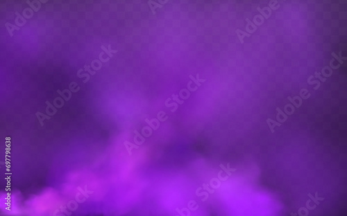 Scary mystical violet fog in night Halloween. Purple poisonous gas, dust and smoke effect.Realistic neon magic mist steam on a transparent dark background.