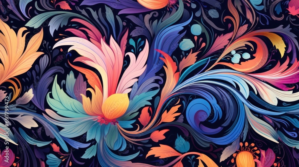 a painting of colorful flowers and leaves on a black background with blue, yellow, pink, orange, and red colors. a painting of colorful flowers and leaves on a black background with blue, yellow, pink, orange, and red colors.