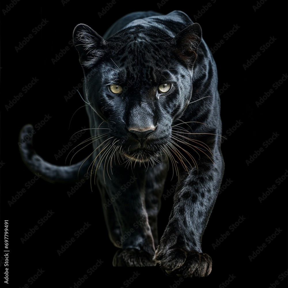 black panther with yellow eyes walking on black background