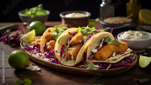 salmon tacos with red cabbage salad with spicy yogurt sauce sprinkled with finely chopped parsley served on a black plate