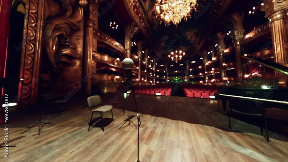 An Elegant Opera Setting with a Grand Piano and Opulent Chandelier An Elegant Opera Setting with a Grand Piano and Opulent Chandelier