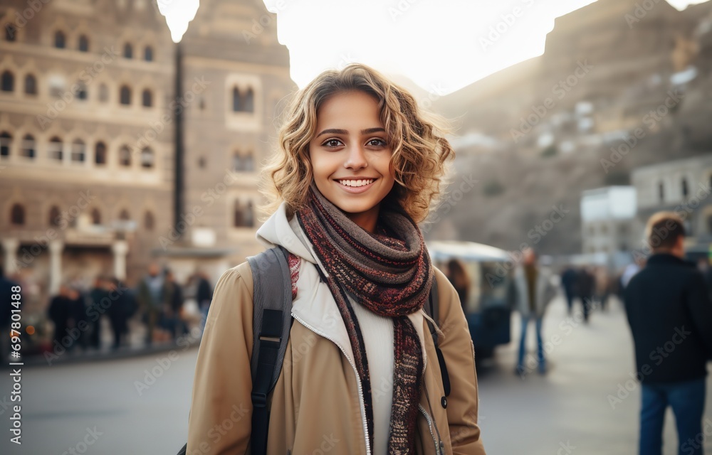 young teenage college student woman walking in city with building as background, Generative Ai