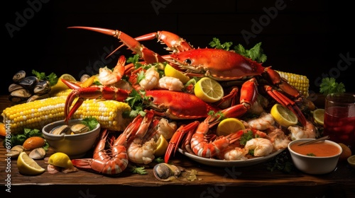  a platter of lobsters, corn, and corn on the cob with a side of dipping sauce.