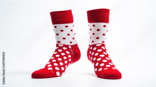  a pair of red and white polka dot socks with white polka dots on the bottom of the socks and bottom of the socks is red and white polka dots on the bottom of the socks.