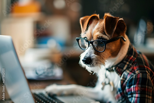 Cute dog looking computer laptop in glasses and shirt.