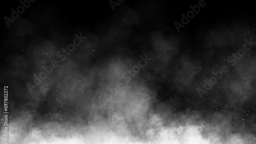Realistic Fog, smoke, cloud overlay on black background. white dust background texture.