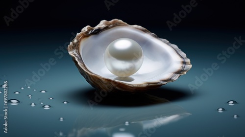  a pearl in an oyster shell with water droplets on a black background with a reflection of the pearl in the shell. photo