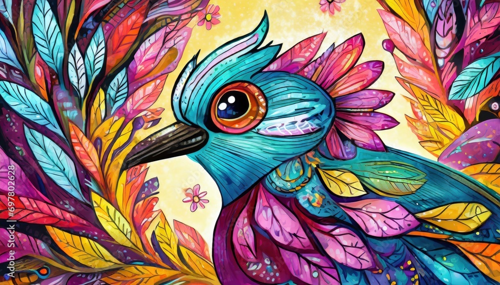 Obraz premium Blossoming Stunning Close-Up Shot of a Bird with Feathers Resembling Vibrant Flowers, Capturing Nature's Beauty in Full Bloom.