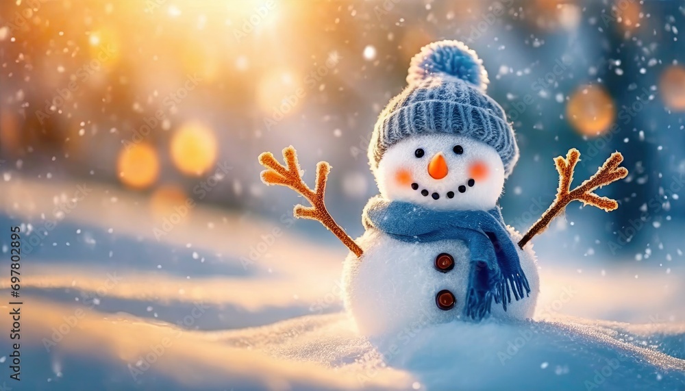 Winter Holiday Christmas Background Banner, Featuring a Closeup of a Cute, Funny Laughing Snowman Adorned with a Wool Hat and Scarf. The Snowy Snowscape is Illuminated by the Warm Glow of Bokeh Light
