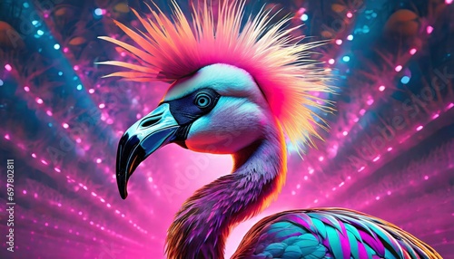 Feathered Rebel Punk Rock Flamingo Sporting a Stylish Mohawk, Redefining Avian Coolness with Attitude and Flair. photo