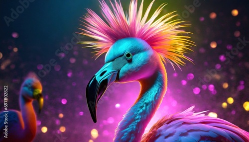 Feathered Rebel Punk Rock Flamingo Sporting a Stylish Mohawk, Redefining Avian Coolness with Attitude and Flair.