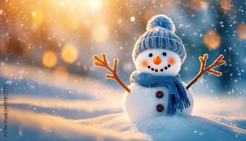 Winter Holiday Christmas Background Banner, Featuring a Closeup of a Cute, Funny Laughing Snowman Adorned with a Wool Hat and Scarf. The Snowy Snowscape is Illuminated by the Warm Glow of Bokeh Light © MEHDI