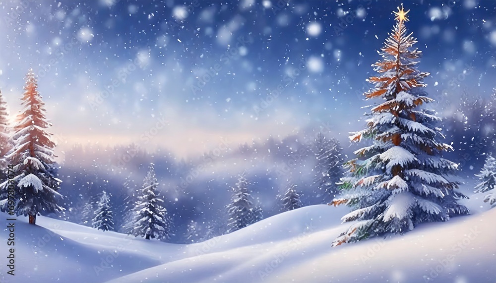 Winter Magic Beautiful Landscape featuring Snow-Covered Fir Trees and Snowdrifts, Creating a Merry Christmas and Happy New Year Greeting Background with Ample Copy-Space.