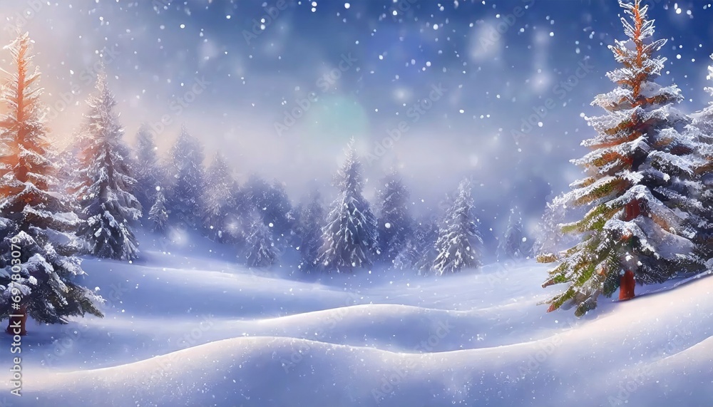 Winter Magic Beautiful Landscape featuring Snow-Covered Fir Trees and Snowdrifts, Creating a Merry Christmas and Happy New Year Greeting Background with Ample Copy-Space.